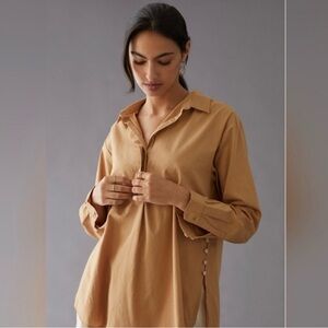 Anthropologie Camel Brown Popover Tunic Blouse with Collar M Side Buttons